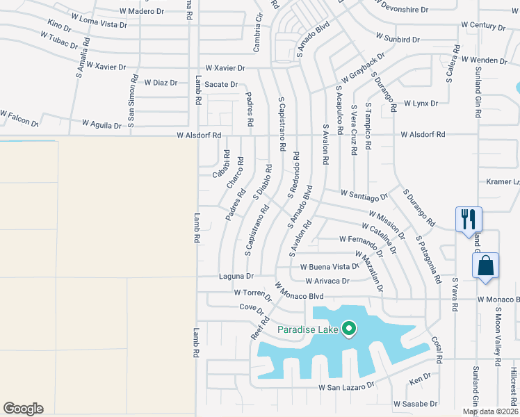 map of restaurants, bars, coffee shops, grocery stores, and more near 14840 South Capistrano Road in Arizona City