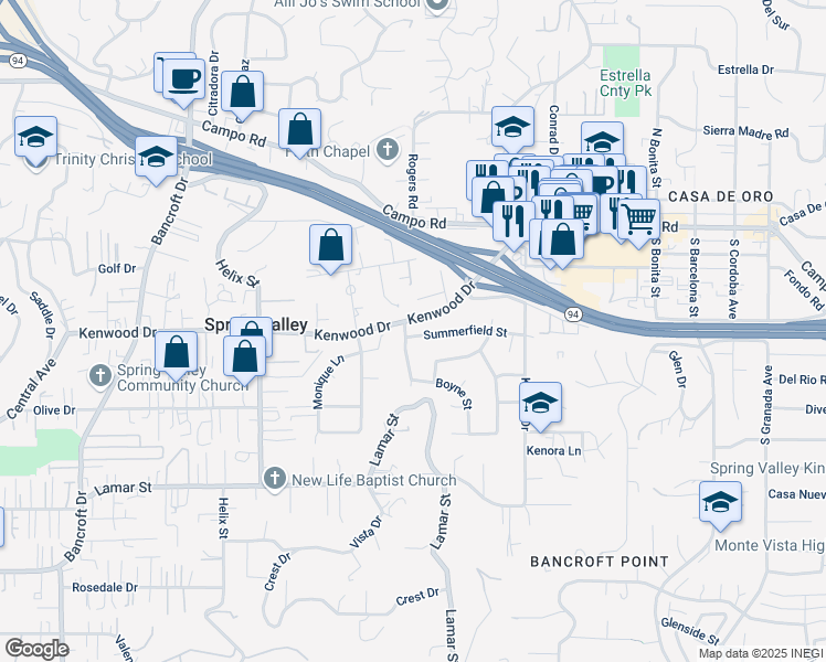 map of restaurants, bars, coffee shops, grocery stores, and more near 9524 Summerfield Street in Spring Valley