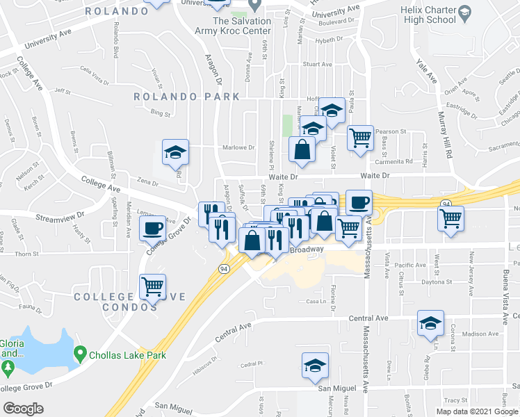 map of restaurants, bars, coffee shops, grocery stores, and more near 6869 Duchess Street in San Diego