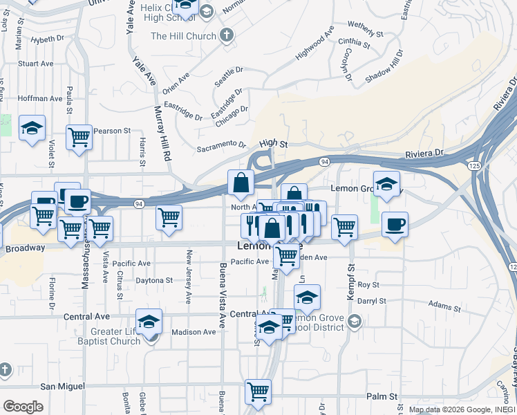 map of restaurants, bars, coffee shops, grocery stores, and more near 7701 North Avenue in Lemon Grove