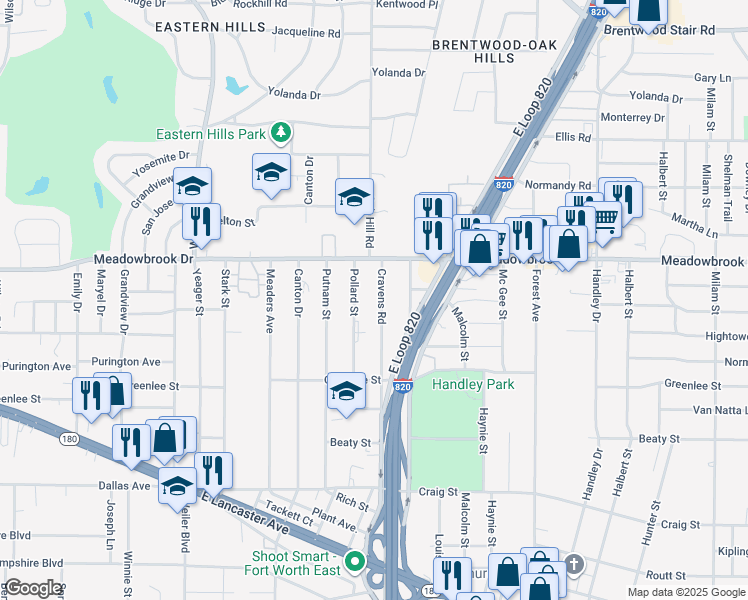 map of restaurants, bars, coffee shops, grocery stores, and more near 2401 Cravens Road in Fort Worth