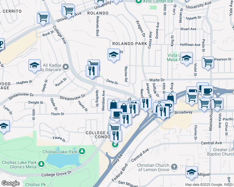 map of restaurants, bars, coffee shops, grocery stores, and more near 3522 College Avenue in San Diego