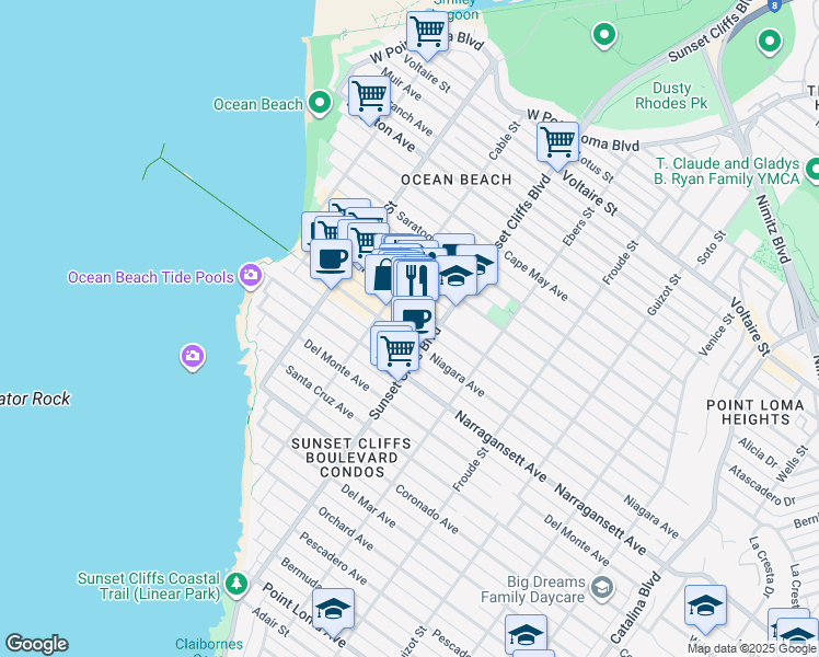 map of restaurants, bars, coffee shops, grocery stores, and more near 4861 Newport Avenue in San Diego