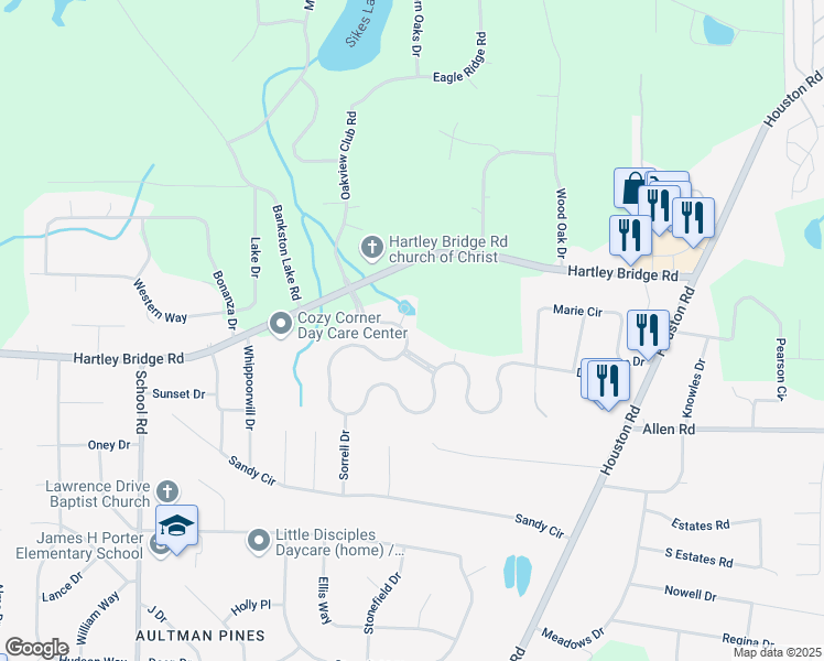 map of restaurants, bars, coffee shops, grocery stores, and more near 3533 Bridgewood Drive in Macon