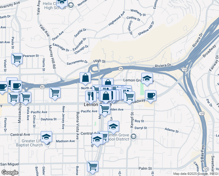 map of restaurants, bars, coffee shops, grocery stores, and more near 7939 Lemon Grove Avenue in Lemon Grove
