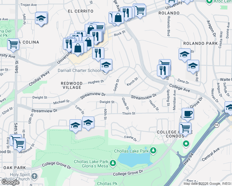 map of restaurants, bars, coffee shops, grocery stores, and more near 6062 Streamview Drive in San Diego