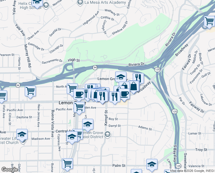 map of restaurants, bars, coffee shops, grocery stores, and more near 8095 Lemon Grove Way in Lemon Grove