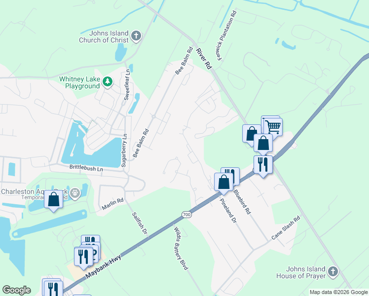 map of restaurants, bars, coffee shops, grocery stores, and more near 2909 Maybry Drive in Johns Island