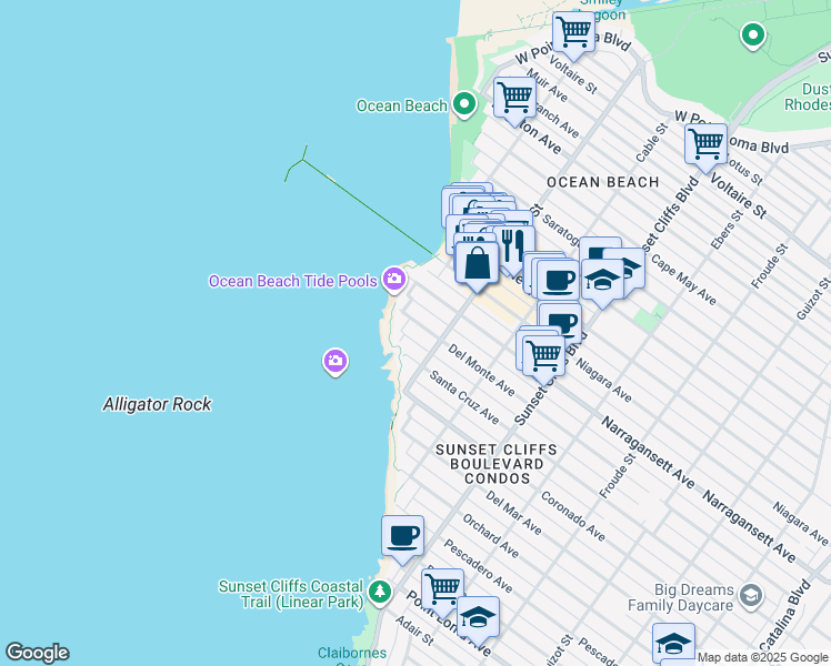 map of restaurants, bars, coffee shops, grocery stores, and more near 1745 Ocean Front Street in San Diego