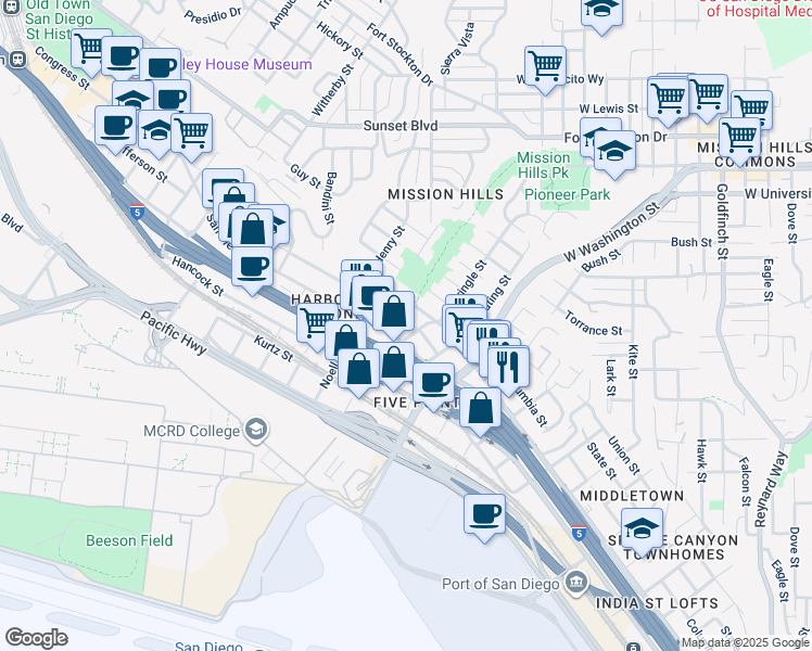 map of restaurants, bars, coffee shops, grocery stores, and more near 3444 Pringle Street in San Diego