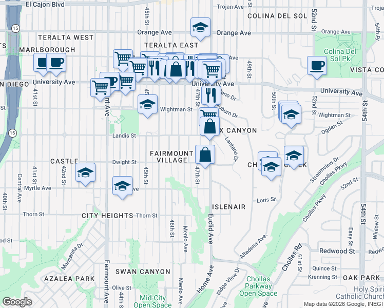 map of restaurants, bars, coffee shops, grocery stores, and more near 3629-31 47th Street in San Diego