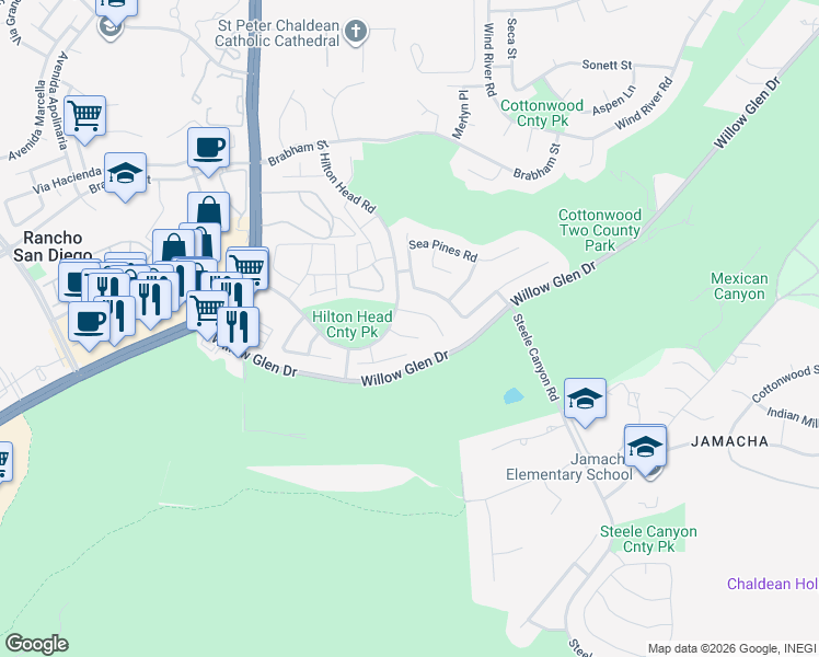 map of restaurants, bars, coffee shops, grocery stores, and more near 1605 Hilton Head Road in El Cajon