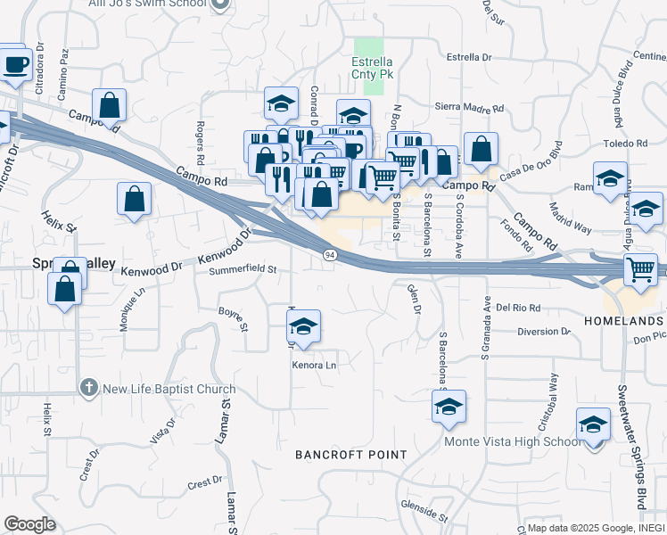 map of restaurants, bars, coffee shops, grocery stores, and more near 9765 Dale Avenue in Spring Valley