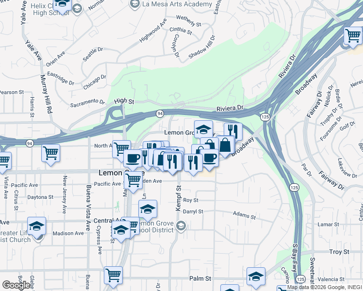 map of restaurants, bars, coffee shops, grocery stores, and more near 8095 Lemon Grove Way in Lemon Grove