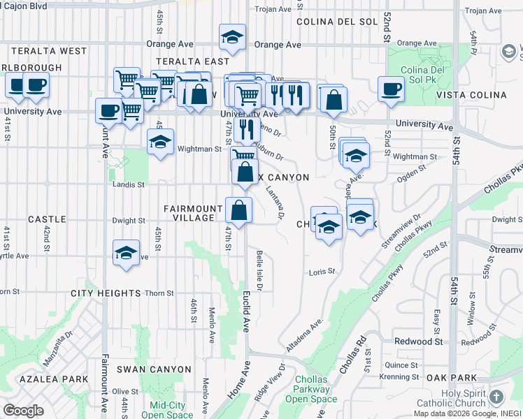 map of restaurants, bars, coffee shops, grocery stores, and more near 4814 Castle Avenue in San Diego