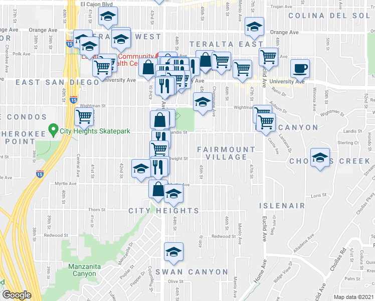 map of restaurants, bars, coffee shops, grocery stores, and more near 3654 Highland Avenue in San Diego