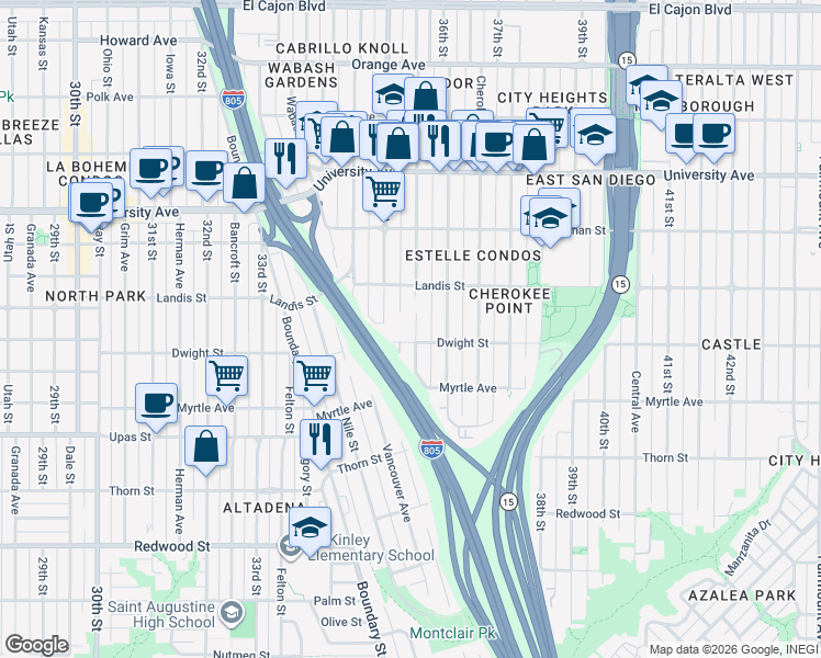 map of restaurants, bars, coffee shops, grocery stores, and more near 3647 Wilson Avenue in San Diego