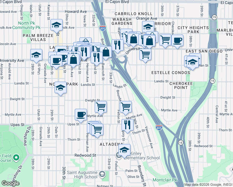 map of restaurants, bars, coffee shops, grocery stores, and more near 3677 Boundary Street in San Diego