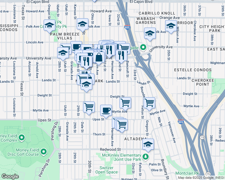 map of restaurants, bars, coffee shops, grocery stores, and more near 3659 Herman Avenue in San Diego