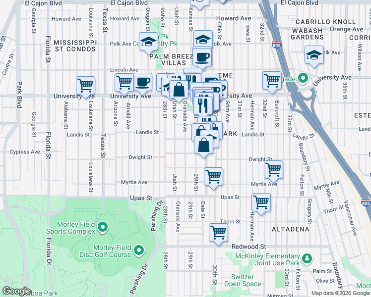 map of restaurants, bars, coffee shops, grocery stores, and more near 3636 Granada Avenue in San Diego