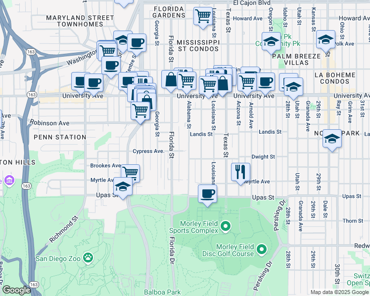 map of restaurants, bars, coffee shops, grocery stores, and more near 3674 Alabama Street in San Diego