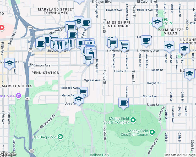 map of restaurants, bars, coffee shops, grocery stores, and more near 6 Crestwood Place in San Diego