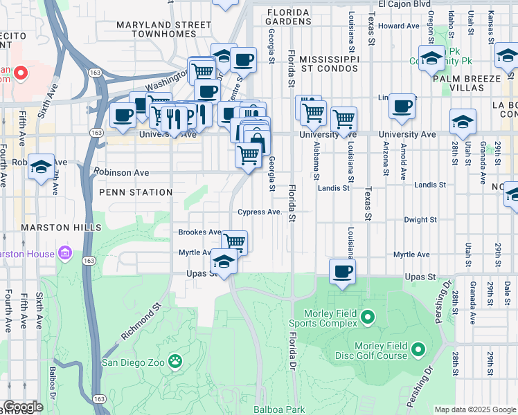 map of restaurants, bars, coffee shops, grocery stores, and more near 6 Crestwood Place in San Diego