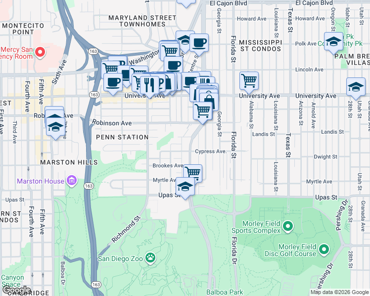 map of restaurants, bars, coffee shops, grocery stores, and more near 1622 Herbert Place in San Diego
