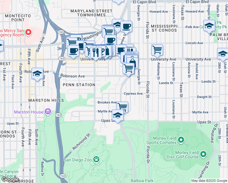 map of restaurants, bars, coffee shops, grocery stores, and more near 1622 Herbert Place in San Diego