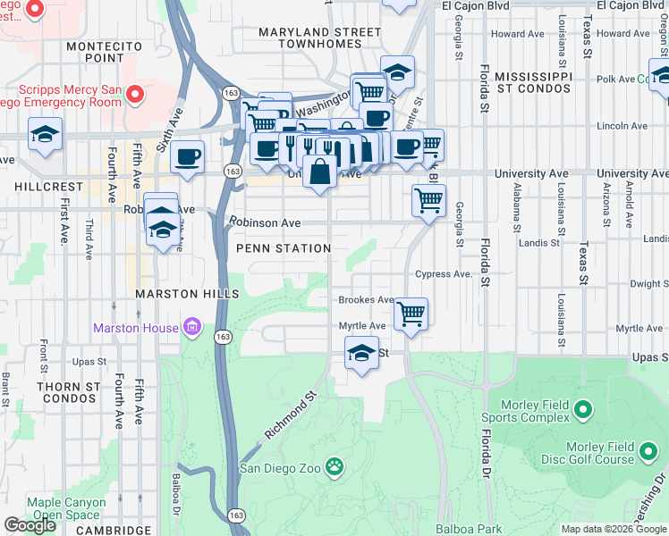 map of restaurants, bars, coffee shops, grocery stores, and more near 3684 Richmond Street in San Diego