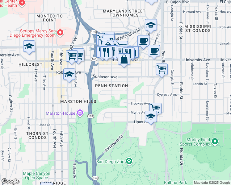 map of restaurants, bars, coffee shops, grocery stores, and more near 1211 Pennsylvania Avenue in San Diego