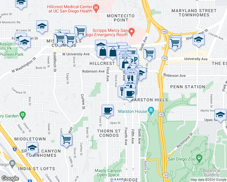 map of restaurants, bars, coffee shops, grocery stores, and more near 3677 1st Avenue in San Diego