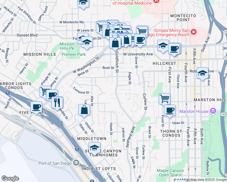 map of restaurants, bars, coffee shops, grocery stores, and more near 3680 Reynard Way in San Diego