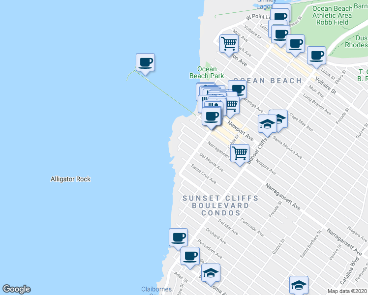 map of restaurants, bars, coffee shops, grocery stores, and more near 1745 Ocean Front Street in San Diego