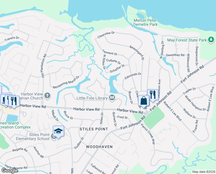 map of restaurants, bars, coffee shops, grocery stores, and more near 725 Stiles Drive in Charleston