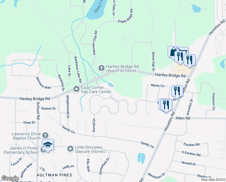 map of restaurants, bars, coffee shops, grocery stores, and more near 3533 Bridgewood Drive in Macon