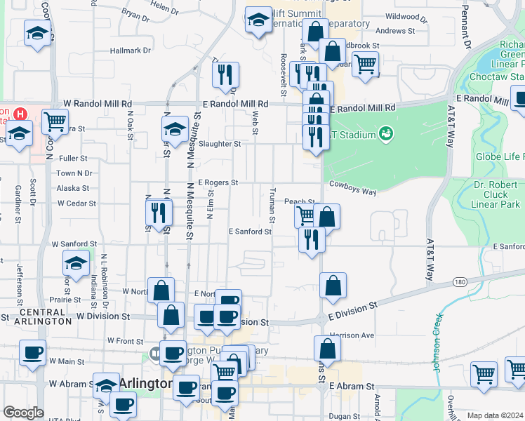 map of restaurants, bars, coffee shops, grocery stores, and more near 707 Garden Shadow Lane in Arlington