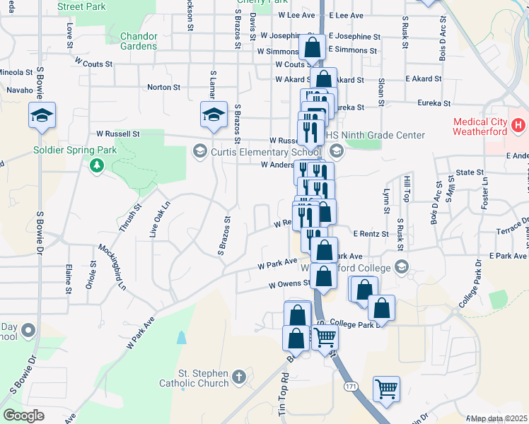map of restaurants, bars, coffee shops, grocery stores, and more near 213 Rentz Place Circle in Weatherford