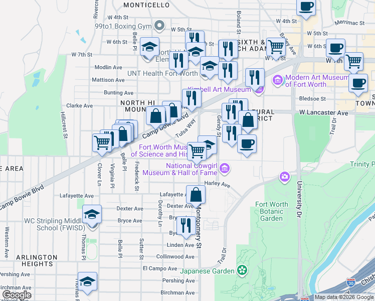map of restaurants, bars, coffee shops, grocery stores, and more near 3622 Watonga Street in Fort Worth