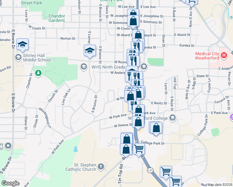 map of restaurants, bars, coffee shops, grocery stores, and more near 202 West Rentz Street in Weatherford