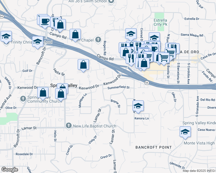 map of restaurants, bars, coffee shops, grocery stores, and more near 9524 Summerfield Street in Spring Valley