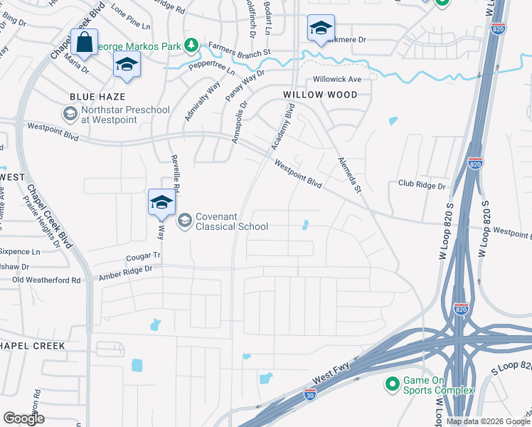 map of restaurants, bars, coffee shops, grocery stores, and more near 1204 Westpoint Boulevard in Fort Worth