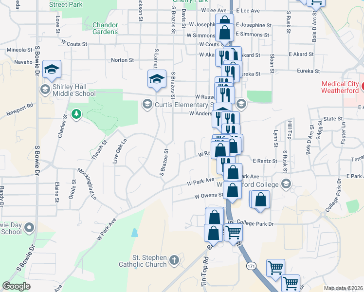 map of restaurants, bars, coffee shops, grocery stores, and more near 228 Rentz Place Circle in Weatherford