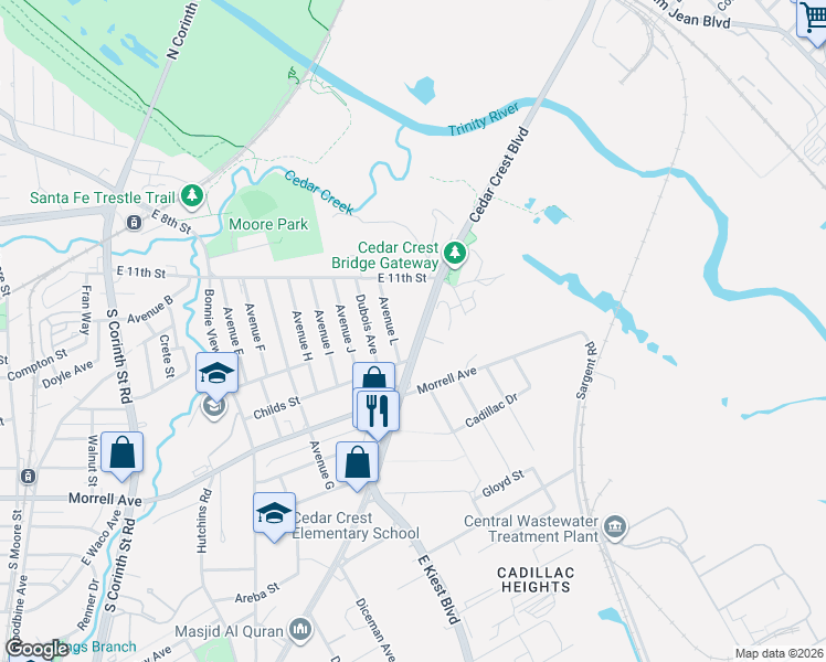 map of restaurants, bars, coffee shops, grocery stores, and more near 3163 Cedar Crest Boulevard in Dallas