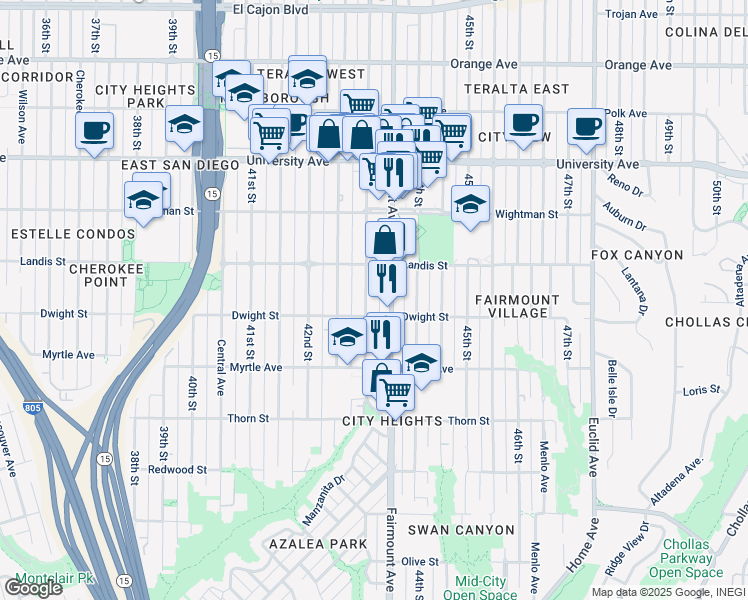 map of restaurants, bars, coffee shops, grocery stores, and more near 3625 43rd Street in San Diego