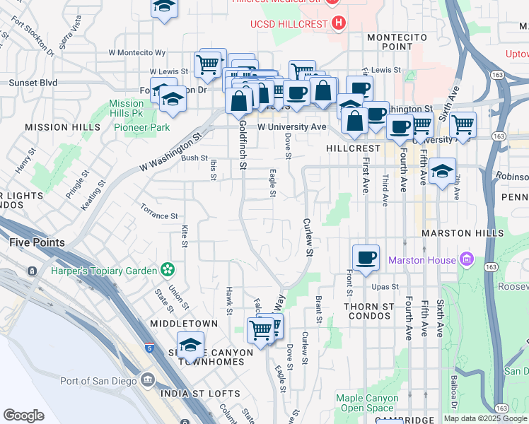 map of restaurants, bars, coffee shops, grocery stores, and more near 726 Torrance Street in San Diego