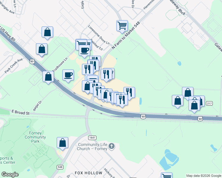 map of restaurants, bars, coffee shops, grocery stores, and more near 802 East US Highway 80 in Forney