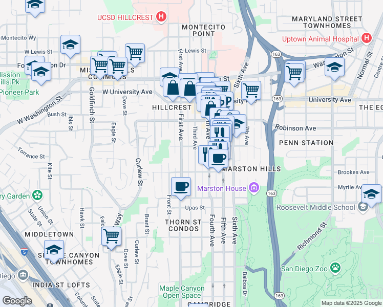 map of restaurants, bars, coffee shops, grocery stores, and more near 3666 Third Avenue in San Diego