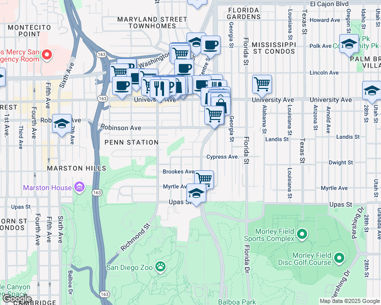 map of restaurants, bars, coffee shops, grocery stores, and more near 1624 Cypress Avenue in San Diego