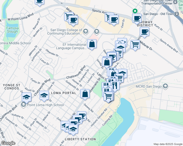 map of restaurants, bars, coffee shops, grocery stores, and more near 3114 Kingsley Street in San Diego